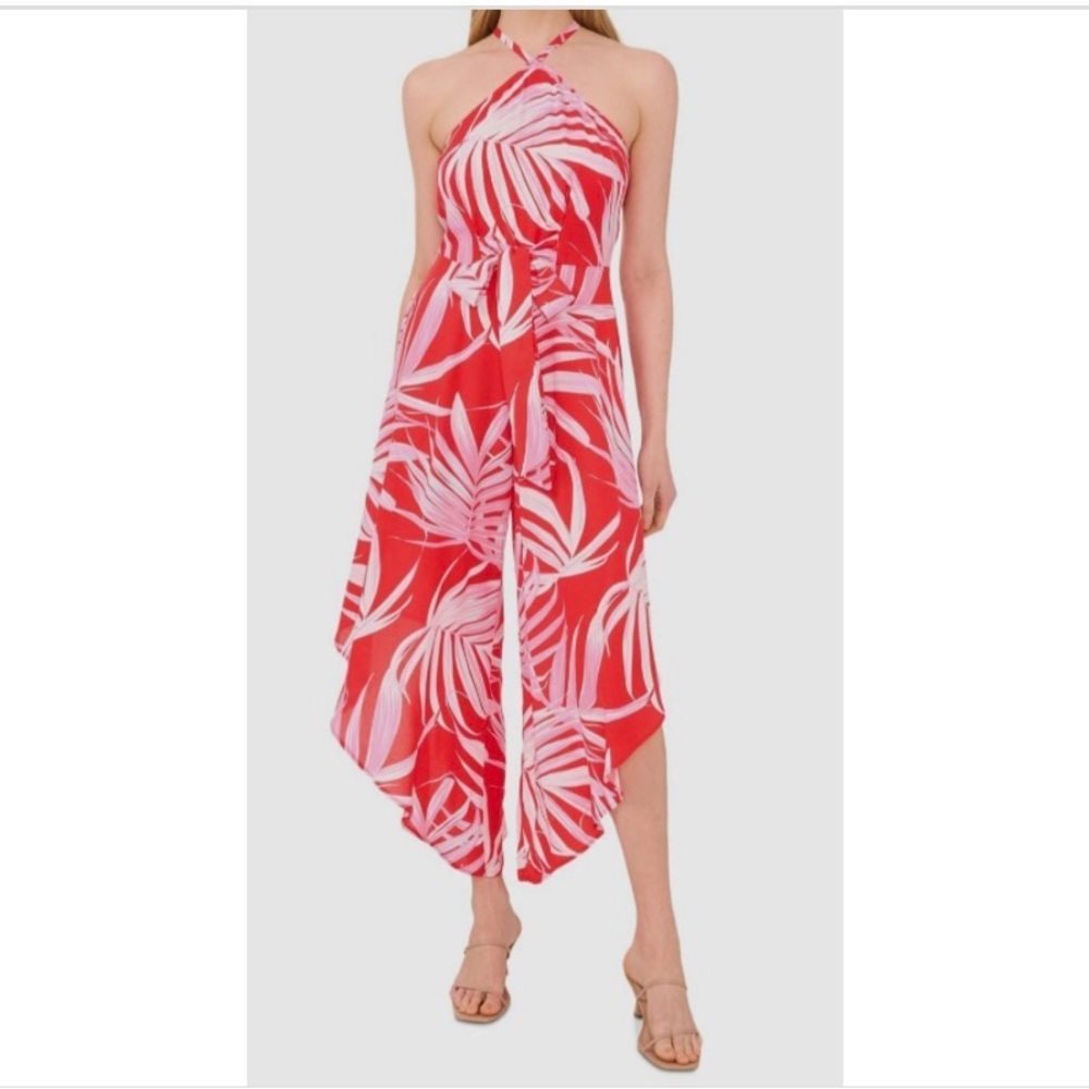 MSK Red and Pink Tropical Halter Jumpsuit